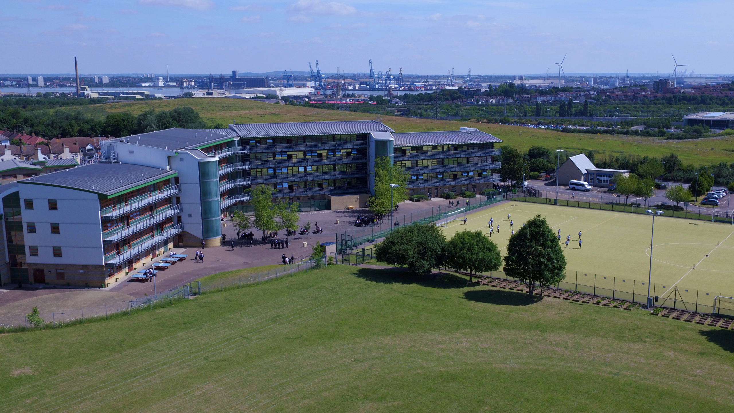 Aerial photo of the Leigh Academy Ebbsfleet building and grounds.