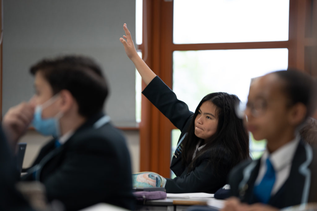 A girl is seen holding up her hand at the back of the classroom to ask the teacher a question during a lesson.
