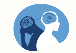 A graphic image showing the silhouettes of two people with their brains connected by a string.