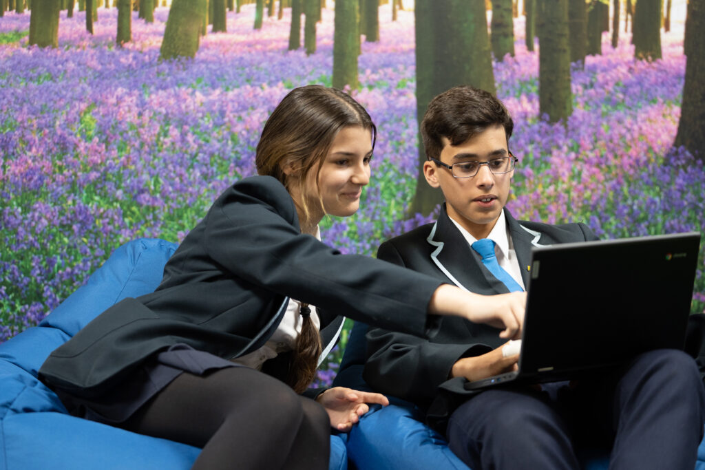 Two students sitting down looking at a laptop