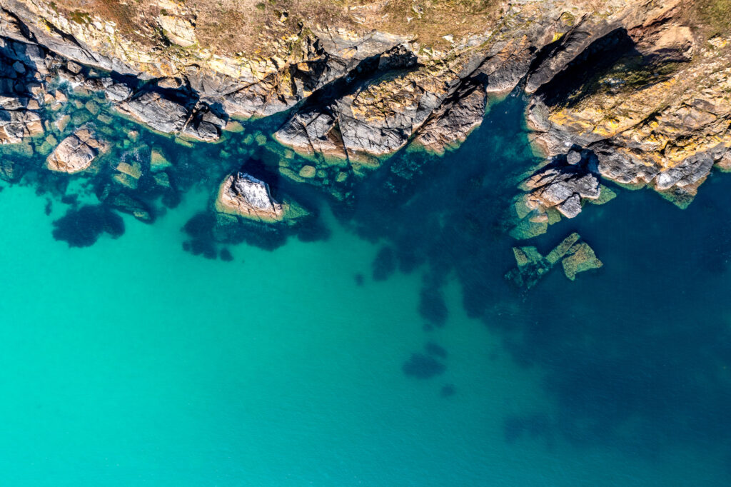Aerial view of the coastline of an island
